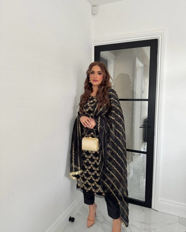 Black Faux Georgette Embroidery Moti Lace Work Salwar Suit - Image 5