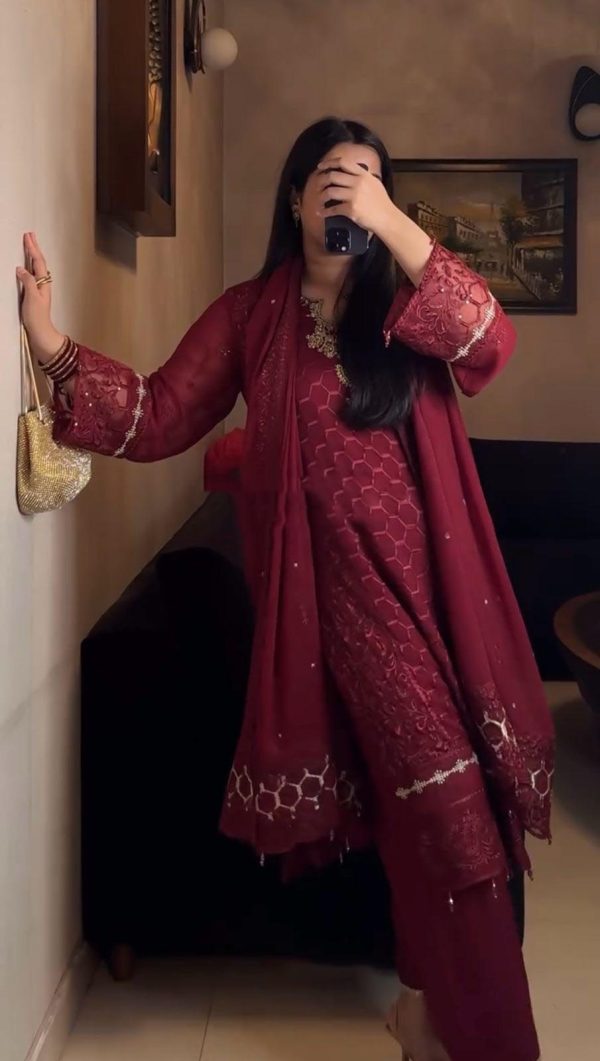 Maroon Faux Georgette Pal Diamond Hand Work Salwar Suit - Image 3