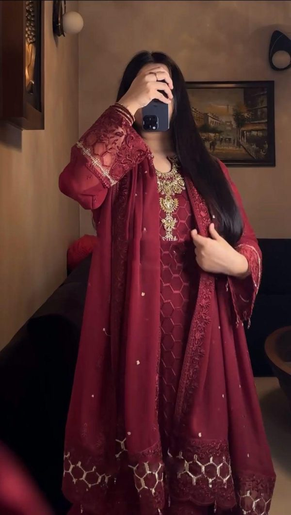 Maroon Faux Georgette Pal Diamond Hand Work Salwar Suit - Image 4
