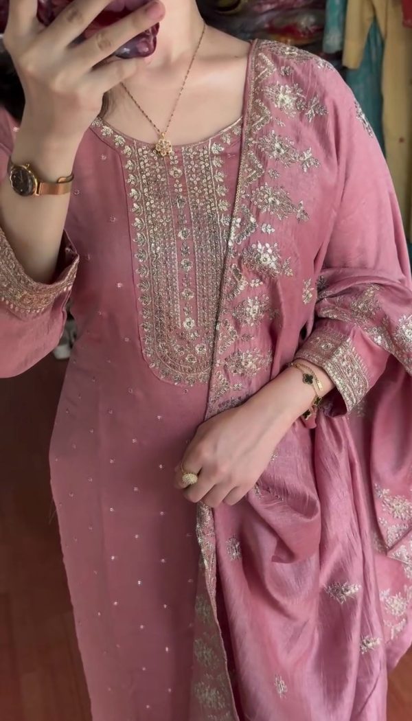 Pink Chinon Silk Embroidery Sequence Work Salwar Suit - Image 4
