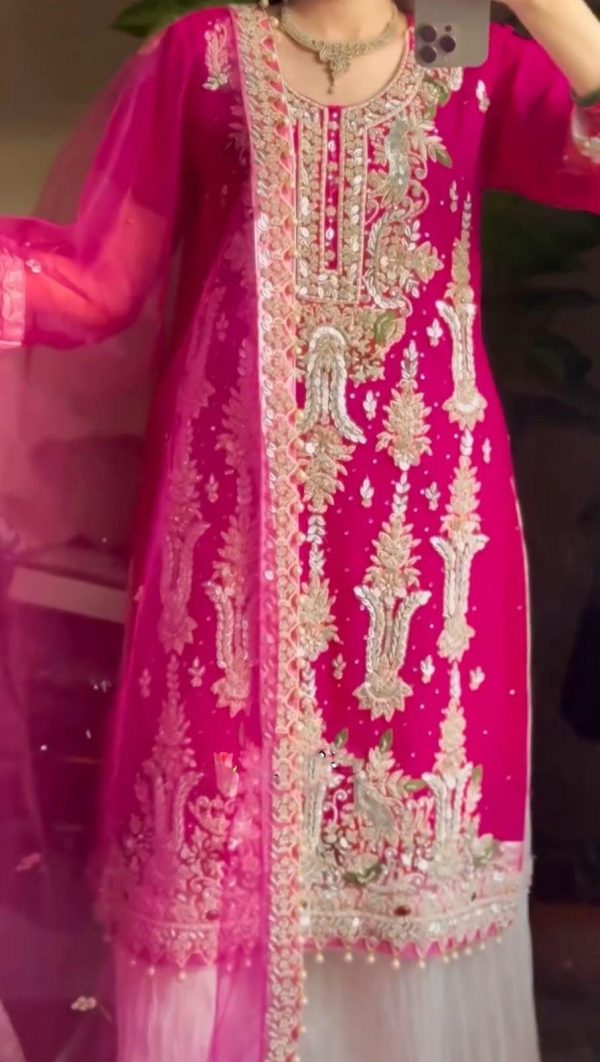 Pink Fox Georgette Sequence Embroidery Work Pari Lace Salwar Suit - Image 2