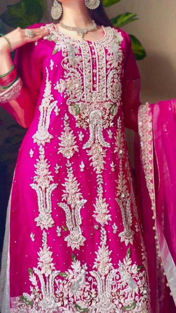 Pink Fox Georgette Sequence Embroidery Work Pari Lace Salwar Suit - Image 3