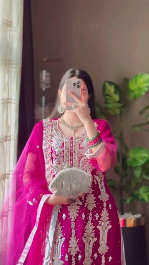 Pink Fox Georgette Sequence Embroidery Work Pari Lace Salwar Suit - Image 4
