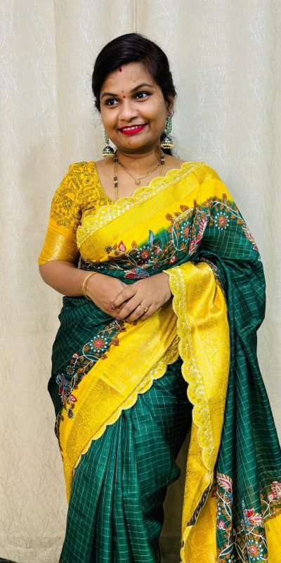 MS 473 Green Color dola mangalagiri checks All Over Kalamkari Floral Print Saree , Wedding, Festive, Events . Expected Delivery 4-6 Working Days @1699/- | Sarees, Bollywood Sarees, Creative Sarees, Designer Sarees, Embroidered Sarees, Ethnic Saree, Modern Digital sarees, Party Wear Sarees