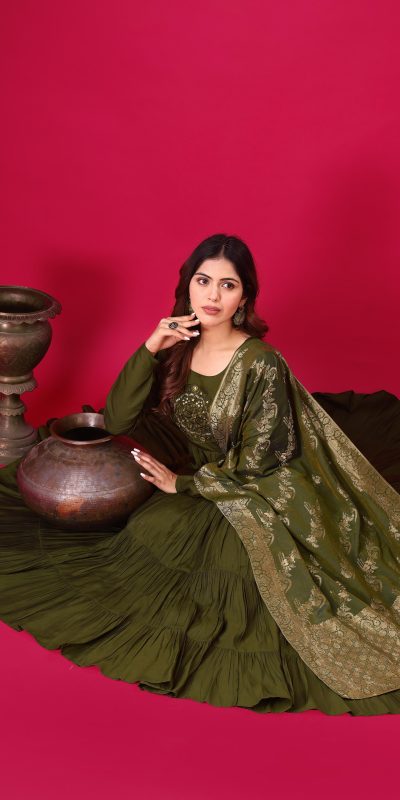 ZSR 3107 Mehandi Color Roman Silk With Embroidery Sequence Work Anarkali Gown Wedding Party, Festive, Events Etc.4-6 Working Days@1799/- only | Gowns, Bollywood Gowns, Creative Gowns, Designer Gowns, Embroidered Gowns, Party Wear Gowns, Straight Suits