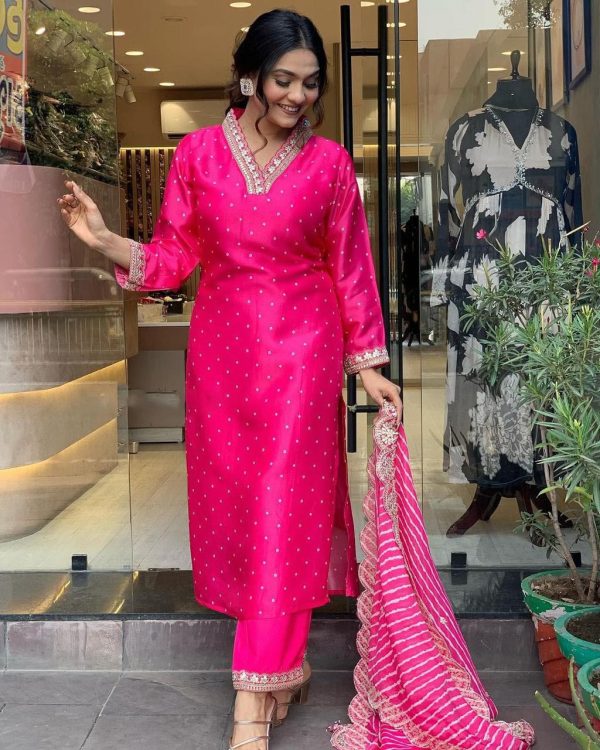 Pink Chinon Silk Wide Digital Print Coding Work Lace Salwar Suit - Image 2