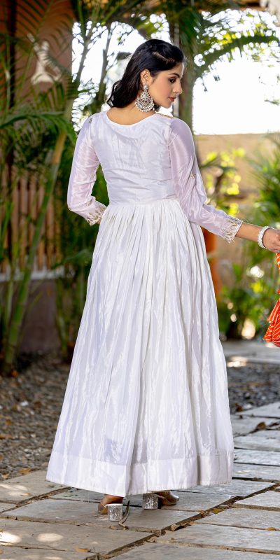 Ram 084 White Color Chinon Laheriya Print Gotta Patti Cording Work Anarkali Gown Wedding Party, Festive, Events Etc.4-6 Working Days@1949/- only | Gowns, Bollywood Gowns, Creative Gowns, Designer Gowns, Embroidered Gowns, Party Wear Gowns, Straight Suits
