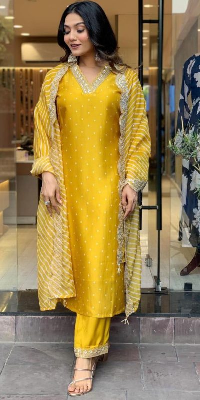MF 746 Yellow Color Chinon Silk Wide Digital Print Coding Work Lace Salwar Suit Casual, Wedding, Party, Festive, Events Etc.4-6 Working Days@ 1699/-only | Jump Suits, Salwar suit, Casual Suits, Creative suits, Designer Suits, Palazzo Suits, Party Wear Suits, Patiala Suits, Straight Suits