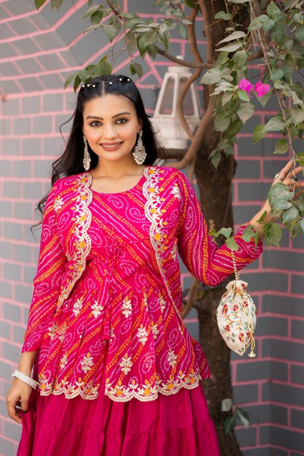 Pink Bandhej Embroidery Thread Work Lehenga Crop Top & Jacket - Image 2