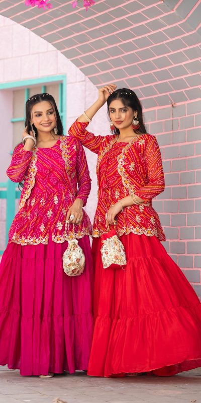 Ram 091 Red Color Bandhej Embroidery Thared Work Lehenga Crop Top & Jacket Wedding, Party, Festive, Events Etc. Delivery 4-6 Working Days Rs 2149 | Lehenga, Bollywood Lehenga, Creative Lehenga, Designer Lehenga, Embroidered Lehenga, Party Wear Lehenga