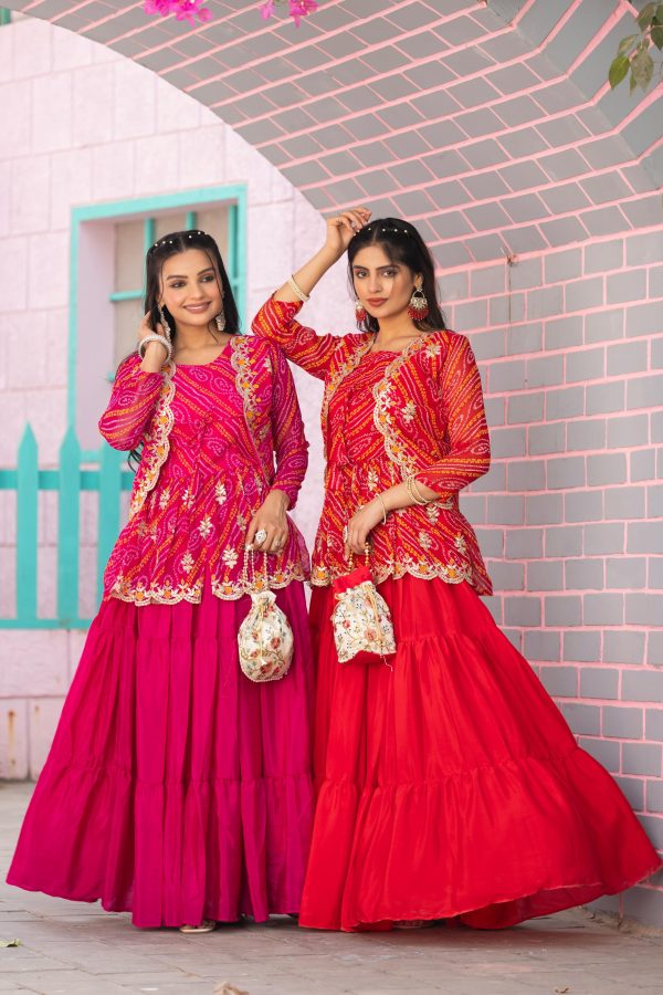 Red Bandhej Embroidery Thread Work Lehenga Crop Top & Jacket - Image 3
