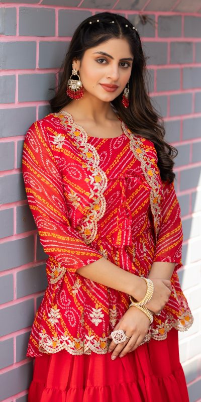 Ram 091 Red Color Bandhej Embroidery Thared Work Lehenga Crop Top & Jacket Wedding, Party, Festive, Events Etc. Delivery 4-6 Working Days Rs 2149 | Lehenga, Bollywood Lehenga, Creative Lehenga, Designer Lehenga, Embroidered Lehenga, Party Wear Lehenga