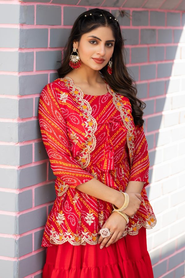 Red Bandhej Embroidery Thread Work Lehenga Crop Top & Jacket - Image 2