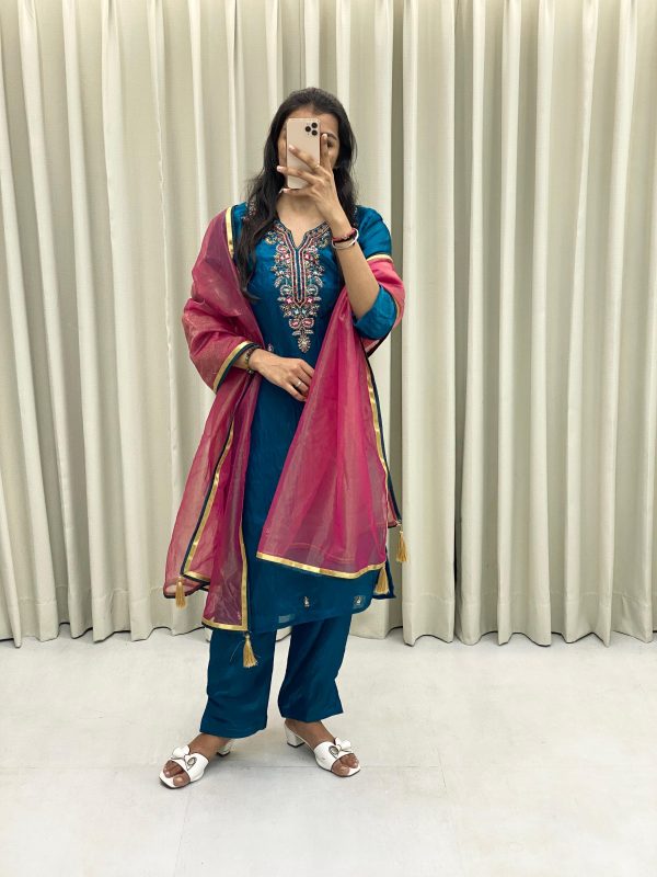 Peacock Blue Silk Hand Work Salwar Suit - Image 2
