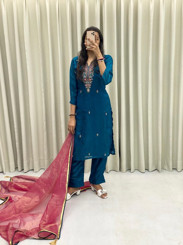Peacock Blue Silk Hand Work Salwar Suit - Image 3
