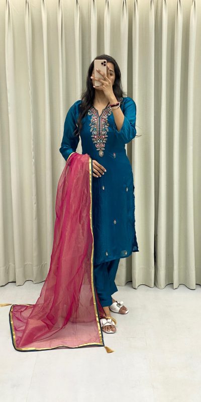 BE 301 Peacock Blue Color Fendi Silk Hand Work Salwar Suit Casual, Wedding, Party, Festive, Events Etc.4-6 Working Days@ 1799/-only | Jump Suits, Salwar suit, Casual Suits, Creative suits, Designer Suits, Palazzo Suits, Party Wear Suits, Patiala Suits, Straight Suits