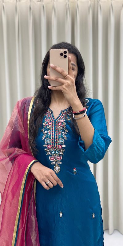 BE 301 Peacock Blue Color Fendi Silk Hand Work Salwar Suit Casual, Wedding, Party, Festive, Events Etc.4-6 Working Days@ 1799/-only | Jump Suits, Salwar suit, Casual Suits, Creative suits, Designer Suits, Palazzo Suits, Party Wear Suits, Patiala Suits, Straight Suits