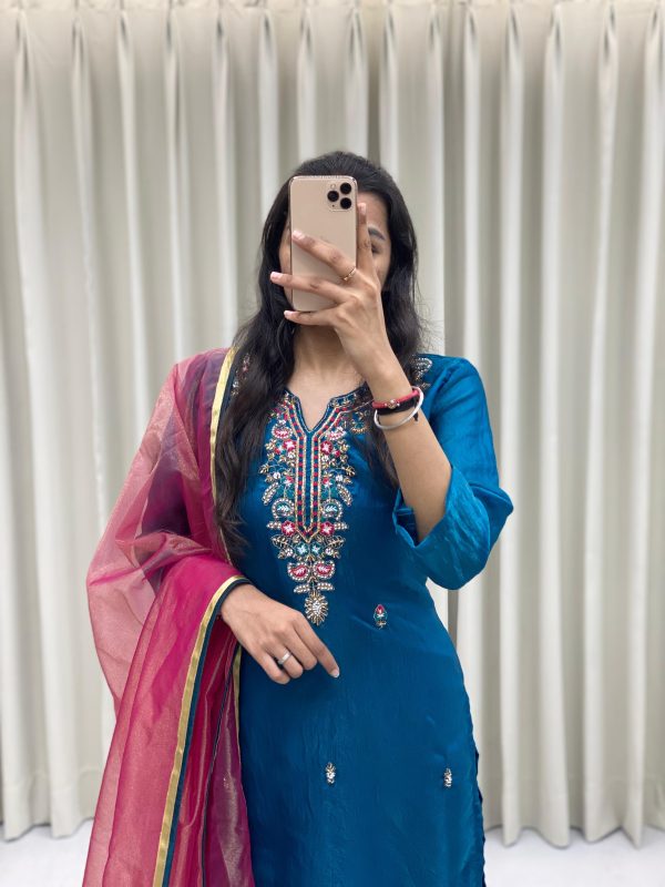 Peacock Blue Silk Hand Work Salwar Suit - Image 4