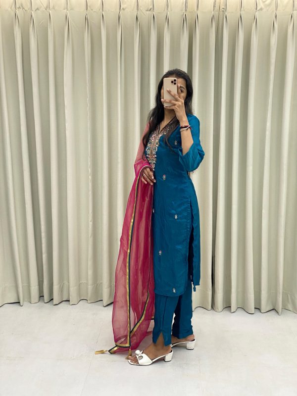 Peacock Blue Silk Hand Work Salwar Suit - Image 5