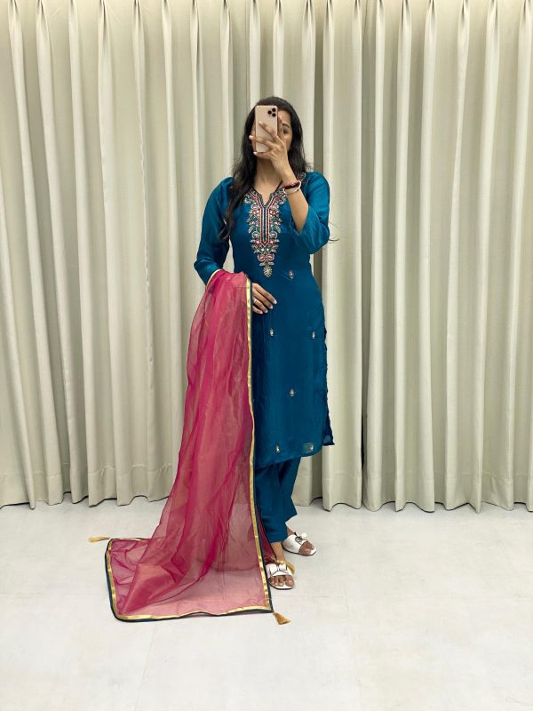 Peacock Blue Silk Hand Work Salwar Suit - Image 7