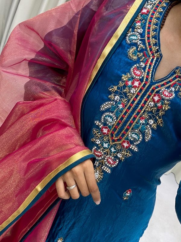 Peacock Blue Silk Hand Work Salwar Suit - Image 6