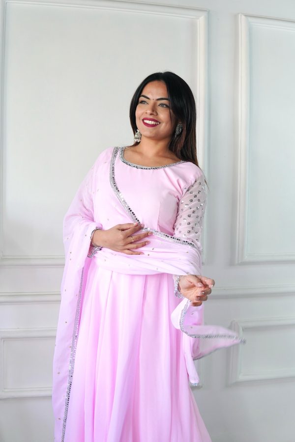 Baby Pink Foix Georgette Embroidery Work Anarkali Gown - Image 3