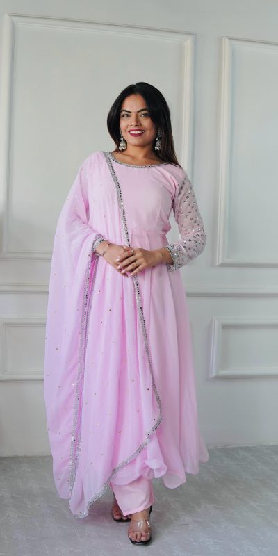 VLM 256 Baby Pink Color Foix Georgette With Embroidery Work Anarkali Gown Casual, Wedding, Party, Festive, Events Etc.4-6 Working Days@ 1899/-only | Gowns, Bollywood Gowns, Creative Gowns, Designer Gowns, Embroidered Gowns, Party Wear Gowns