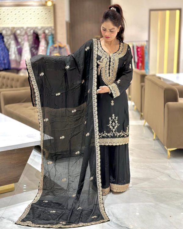Pretty Black Color Faux Georgette With Embroidery Sequence Work Salwar Suit