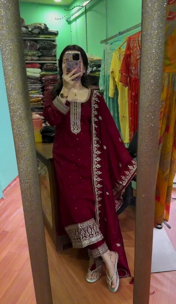 Maroon Chinnon Silk With Embroidery Sequence Work Salwar Suit - Image 4