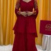 Pretty Red Color Fox Georgette Thread Work With Fancy Button Salwar Suit