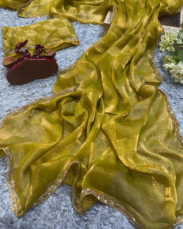 Yellow Chiffon Pattern Hand Work Lace Saree - Image 2