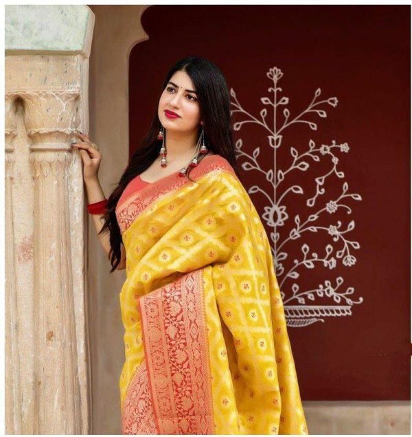 Yellow Soft Silk Jacquard Saree - Image 2