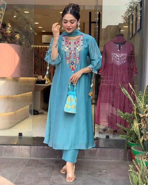 Blue Chanderi Silk With Mirror Work Embroidery Salwar Suit - Image 2