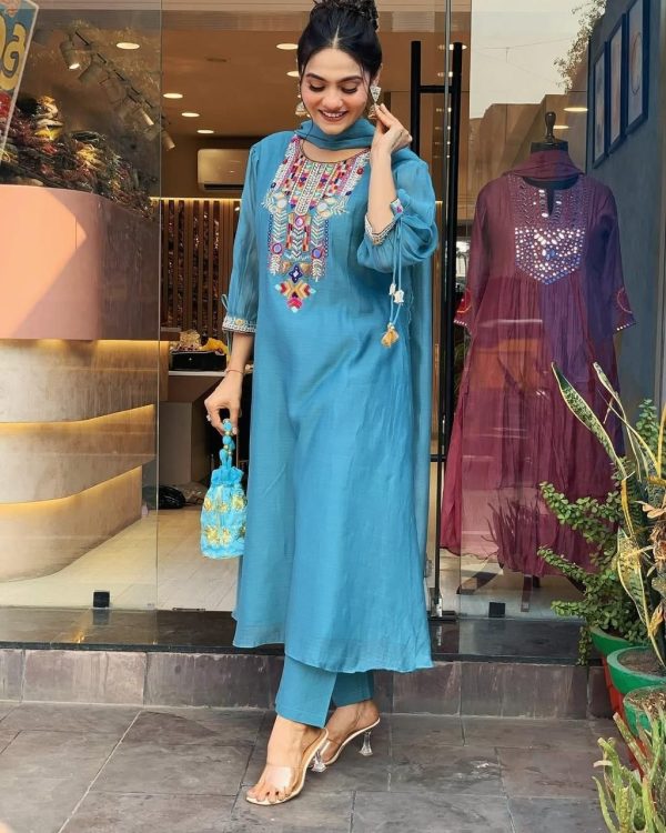 Blue Chanderi Silk With Mirror Work Embroidery Salwar Suit - Image 4
