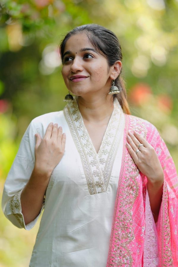 Half White Roman Silk With Pink Dupatta Coding Work Salwar Suit - Image 2