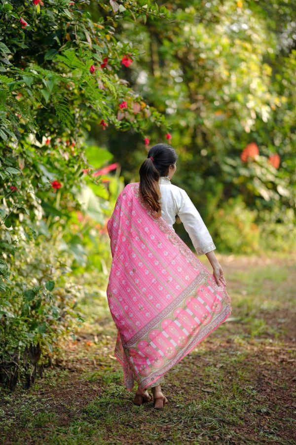 Half White Roman Silk With Pink Dupatta Coding Work Salwar Suit - Image 3