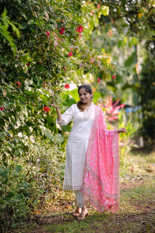 Half White Roman Silk With Pink Dupatta Coding Work Salwar Suit - Image 4