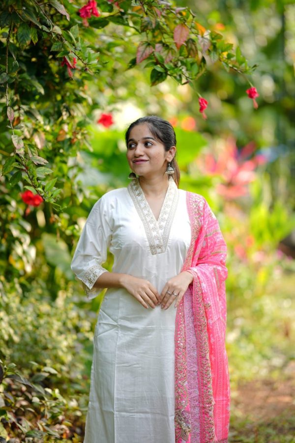 Half White Roman Silk With Pink Dupatta Coding Work Salwar Suit - Image 5