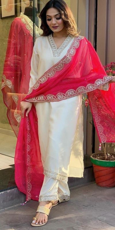 MF 726 Half White Color Roman Silk With Red Dupatta Coding Work Salwar Suit Casual, Wedding, Party, Festive, Events Etc.4-6 Working Days@ 1699/-only | Jump Suits, Salwar suit, Casual Suits, Creative suits, Designer Suits, Palazzo Suits, Party Wear Suits, Patiala Suits, Straight Suits