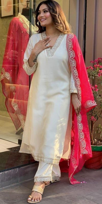 MF 726 Half White Color Roman Silk With Red Dupatta Coding Work Salwar Suit Casual, Wedding, Party, Festive, Events Etc.4-6 Working Days@ 1699/-only | Jump Suits, Salwar suit, Casual Suits, Creative suits, Designer Suits, Palazzo Suits, Party Wear Suits, Patiala Suits, Straight Suits
