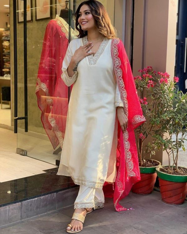 Half White Roman Silk With Red Dupatta Coding Work Salwar Suit - Image 4