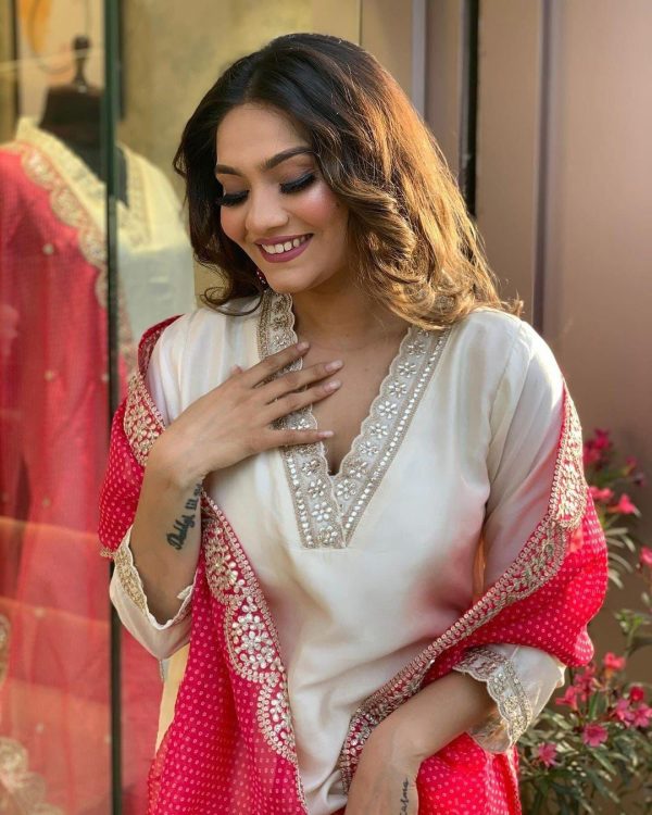 Half White Roman Silk With Red Dupatta Coding Work Salwar Suit - Image 5