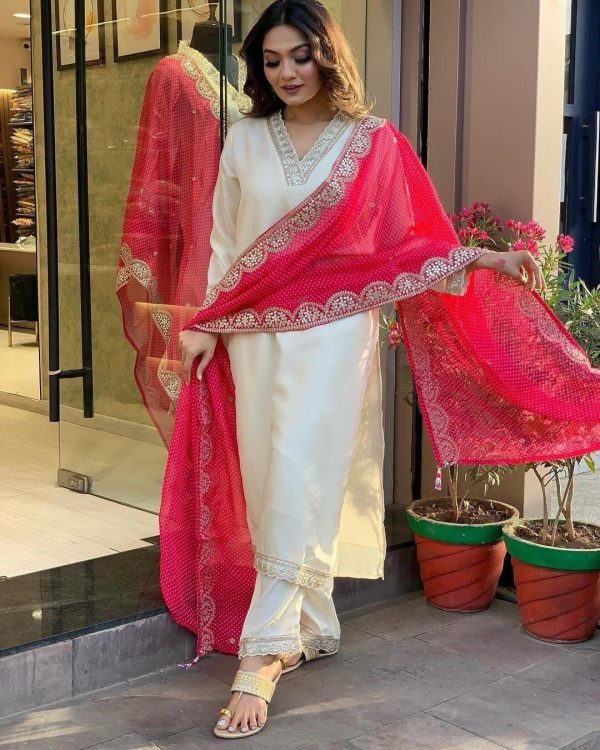 Half White Roman Silk With Red Dupatta Coding Work Salwar Suit - Image 7