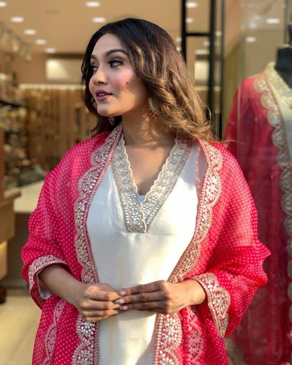 Half White Roman Silk With Red Dupatta Coding Work Salwar Suit - Image 6
