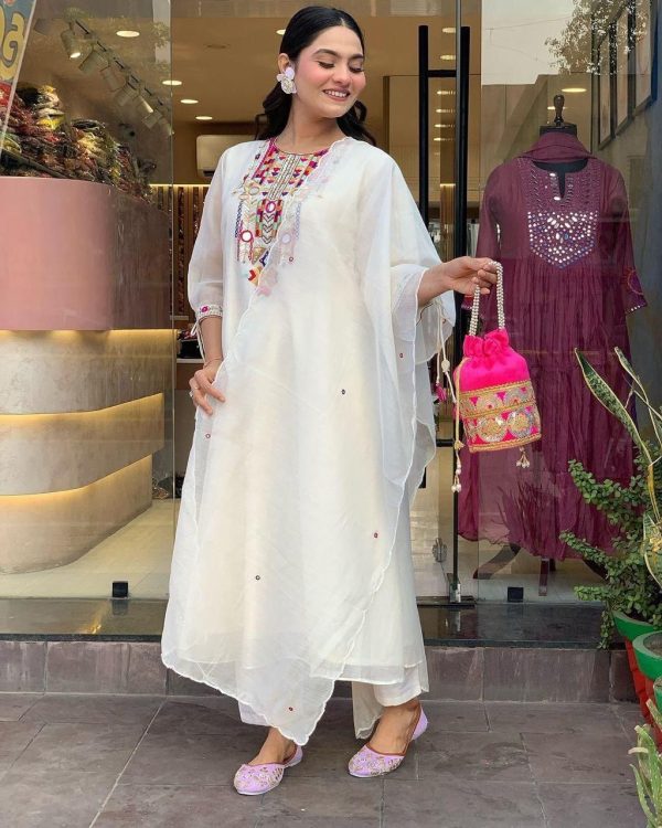 White Chanderi Silk With Mirror Work Embroidery Salwar Suit - Image 2