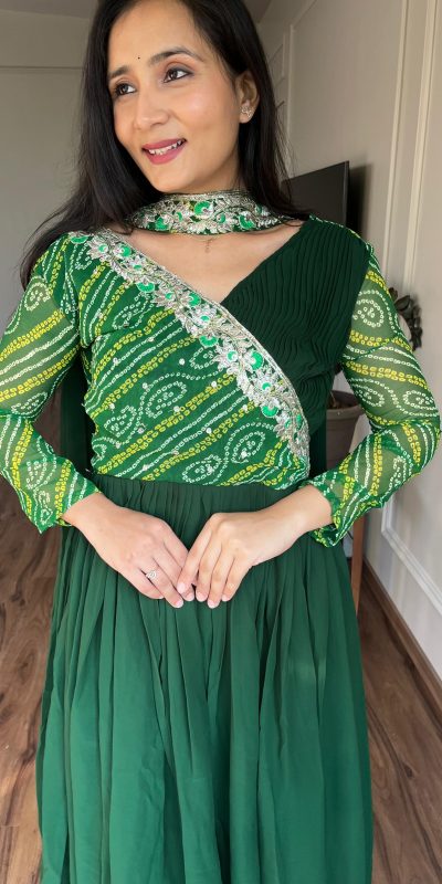 Ram 058 Green Color Bandhej With Fox Georgette 3mm Sequence Embroidery Work Anarkali Gown Wedding Party, Festive, Events Etc.4-6 Working Days@1899/- only | Gowns, Bollywood Gowns, Creative Gowns, Designer Gowns, Embroidered Gowns, Party Wear Gowns, Straight Suits