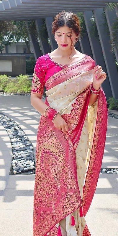 KP 4095 Half White Color Soft Lichi Silk Jacquard Work On All Over Saree Casual, Wedding, Festive, Events . Expected Delivery 4-6 Working Days @1499/- only | Sarees, Bollywood Sarees, Creative Sarees, Designer Sarees, Embroidered Sarees, Ethnic Saree, Modern Digital sarees, Party Wear Sarees