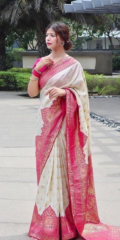 KP 4095 Half White Color Soft Lichi Silk Jacquard Work On All Over Saree Casual, Wedding, Festive, Events . Expected Delivery 4-6 Working Days @1499/- only | Sarees, Bollywood Sarees, Creative Sarees, Designer Sarees, Embroidered Sarees, Ethnic Saree, Modern Digital sarees, Party Wear Sarees
