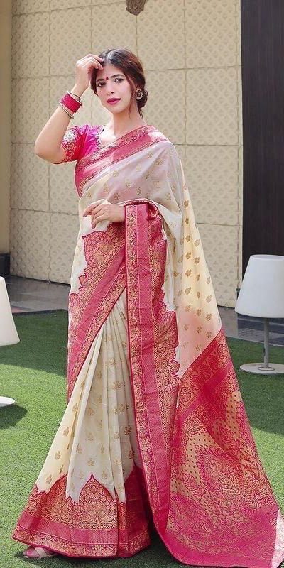 KP 4095 Half White Color Soft Lichi Silk Jacquard Work On All Over Saree Casual, Wedding, Festive, Events . Expected Delivery 4-6 Working Days @1499/- only | Sarees, Bollywood Sarees, Creative Sarees, Designer Sarees, Embroidered Sarees, Ethnic Saree, Modern Digital sarees, Party Wear Sarees