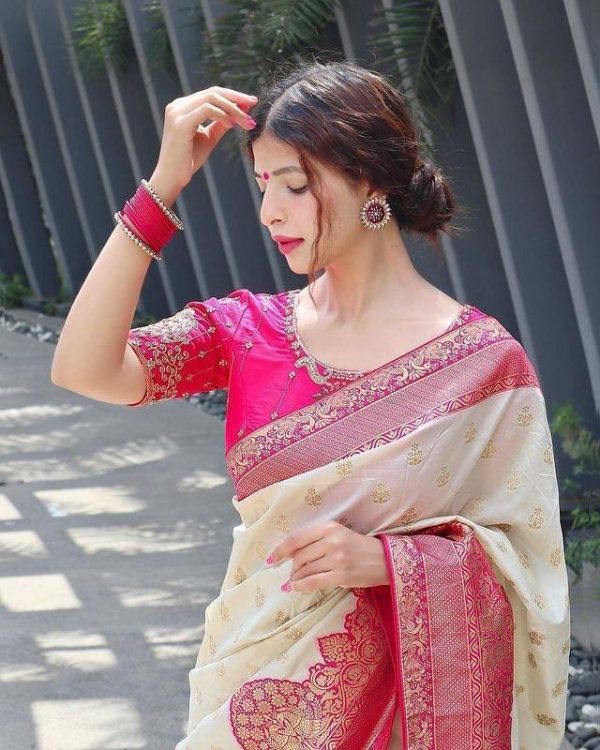 Half White Soft Litchi Silk Jacquard Work On All Over Saree - Image 8